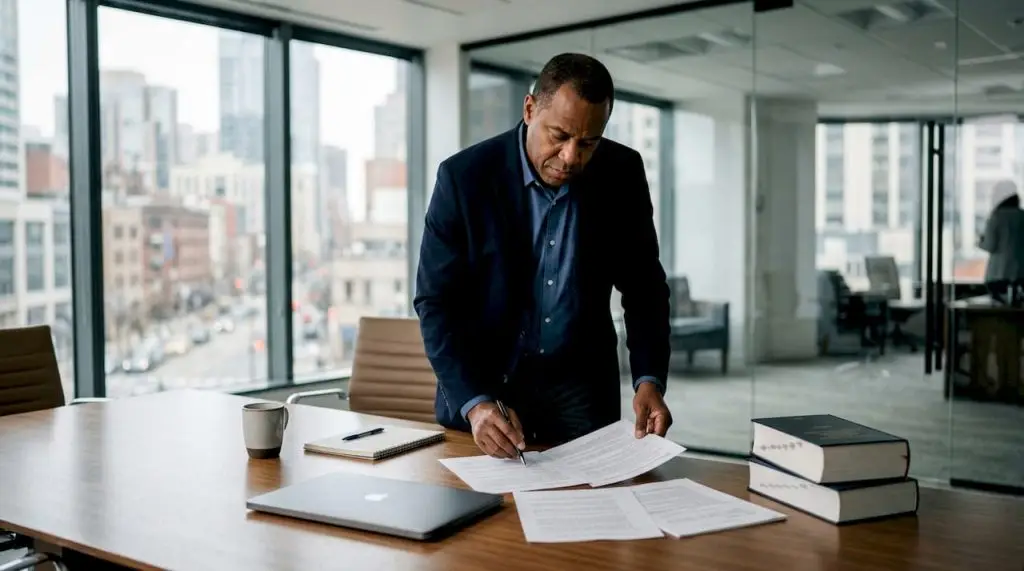Man reviewing legal documents at desk