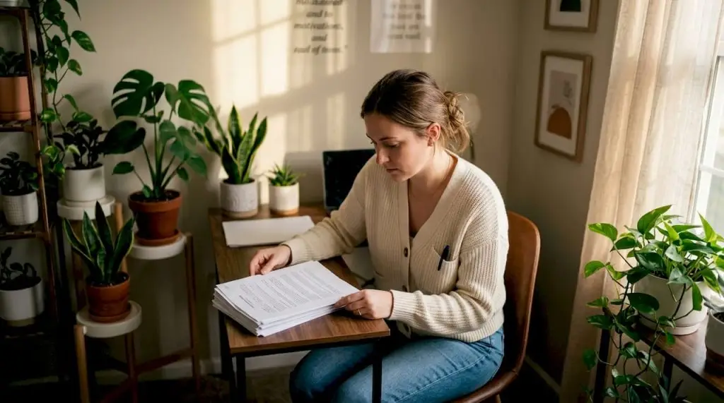 Woman reading legal documents at home