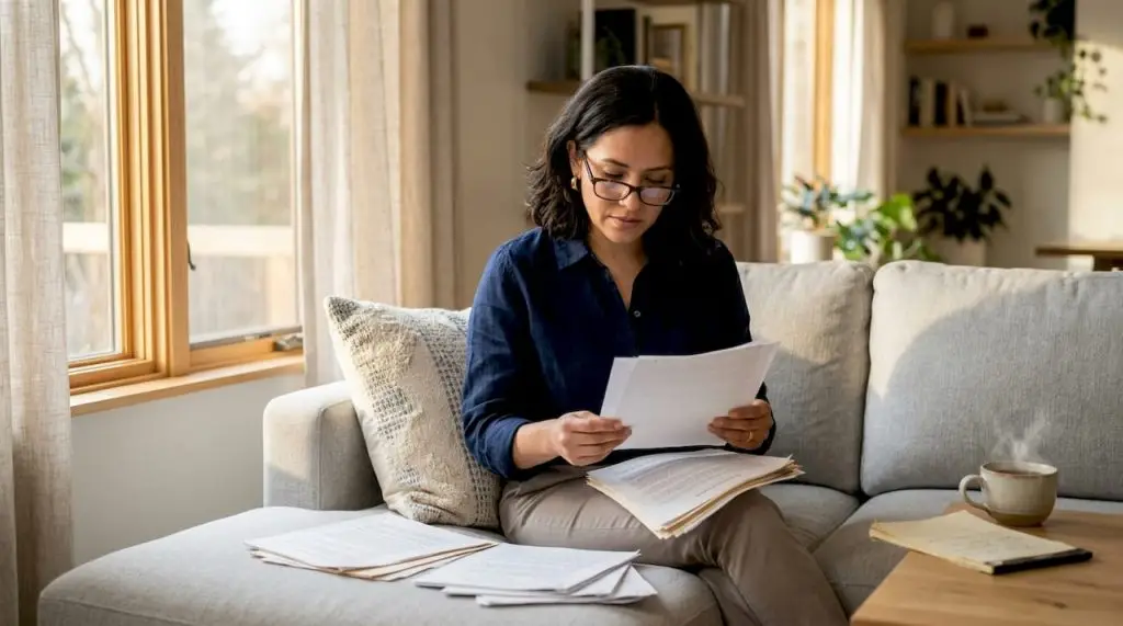 Woman reviewing legal documents at home